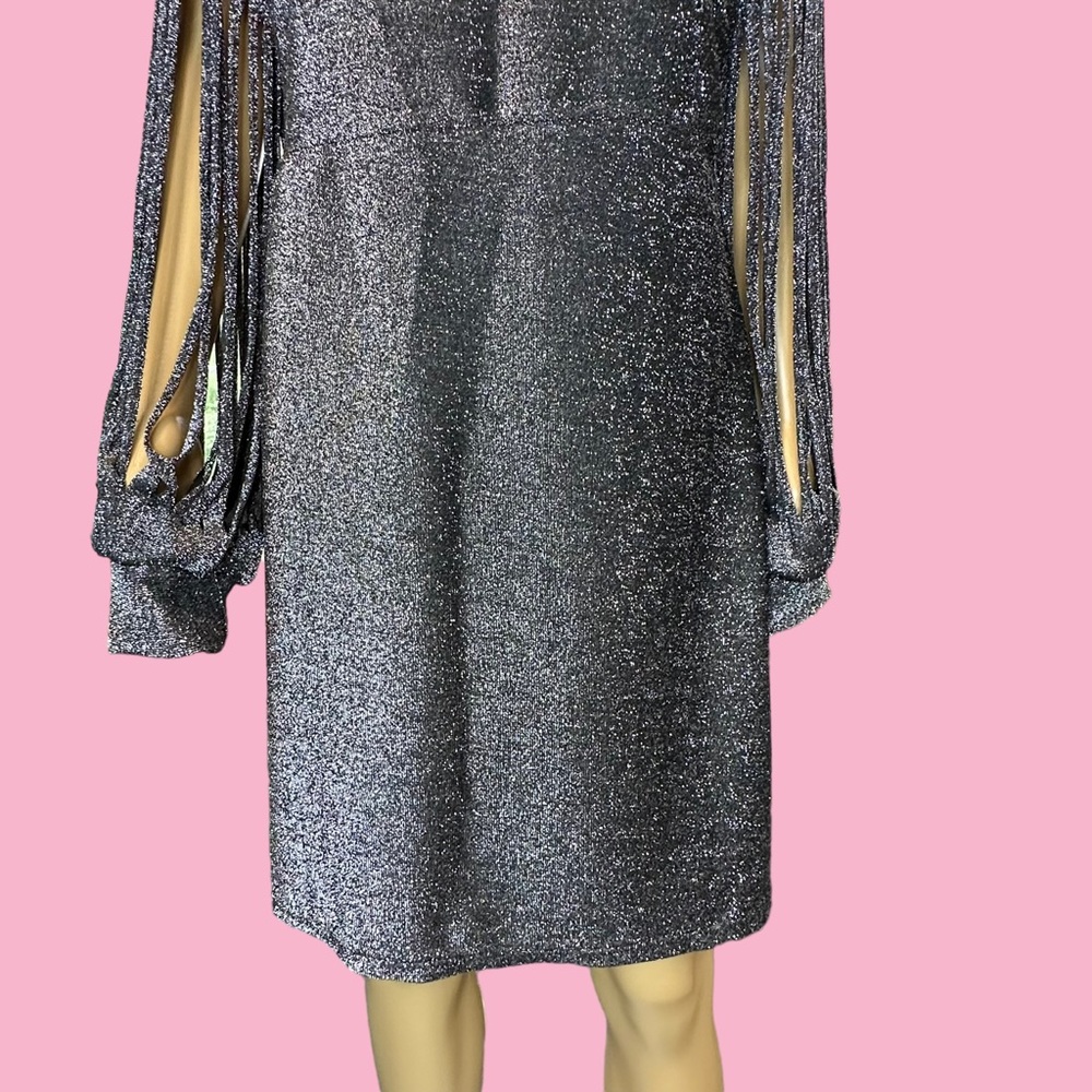 Womens Pencil Dress Glitter Black Size XL Knee Length Stretch Strappy Sleeve - Picture 7 of 16